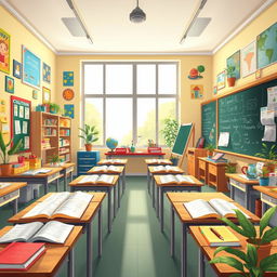 A vibrant classroom filled with colorful posters and school supplies