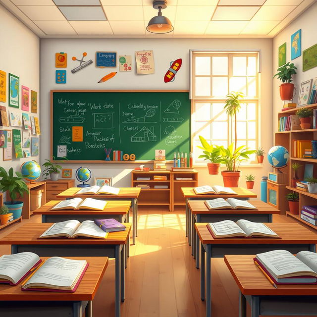 A vibrant classroom filled with colorful posters and school supplies