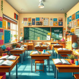 A vibrant classroom filled with colorful posters and school supplies