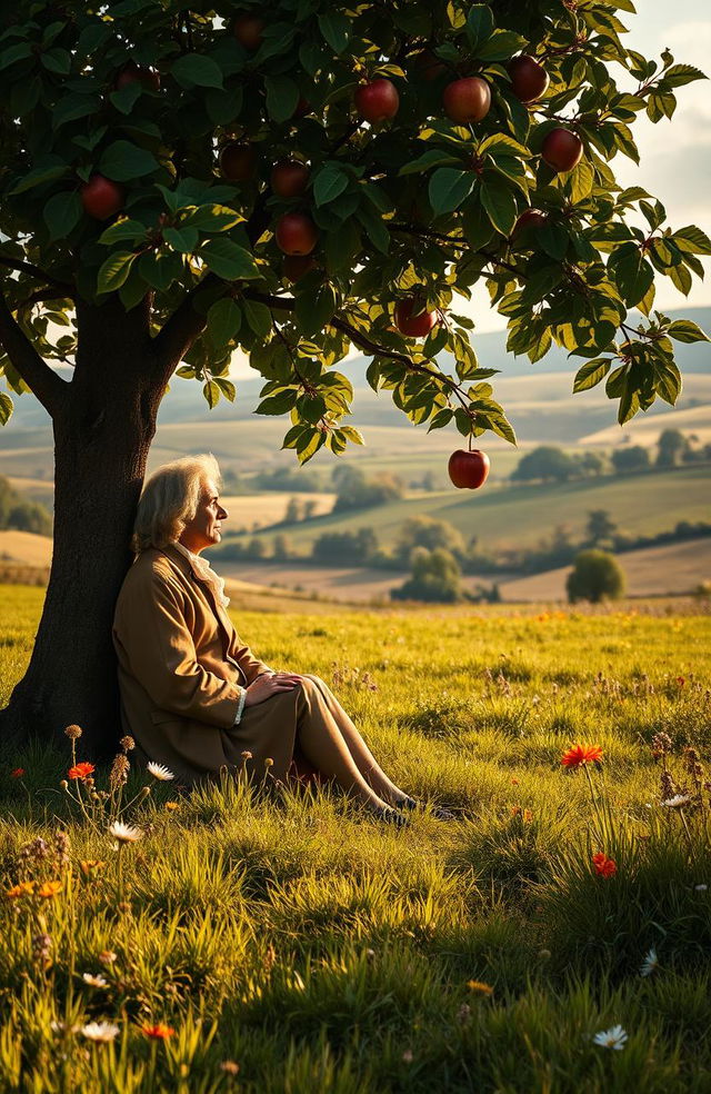 A historical scene depicting Sir Isaac Newton sitting under an apple tree, immersed in thought, as an apple falls from the tree towards the ground