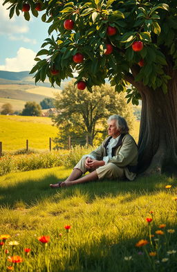 A historical scene depicting Sir Isaac Newton sitting under an apple tree, immersed in thought, as an apple falls from the tree towards the ground