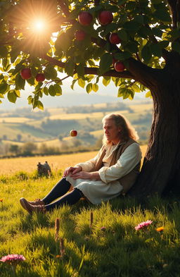 A historical scene depicting Sir Isaac Newton sitting under an apple tree, immersed in thought, as an apple falls from the tree towards the ground