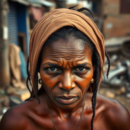 A 25-year-old woman from Africa, depicted in a state of poverty, with a distressed expression and a backdrop that reflects her challenging circumstances