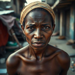 A 25-year-old woman from Africa, depicted in a state of poverty, with a distressed expression and a backdrop that reflects her challenging circumstances