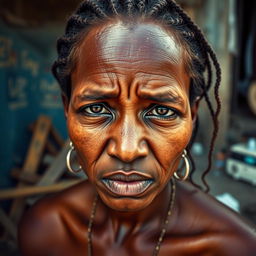 A 25-year-old woman from Africa, depicted in a state of poverty, with a distressed expression and a backdrop that reflects her challenging circumstances