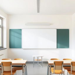 A simple and minimalist classroom featuring a single large whiteboard mounted on the front wall