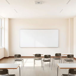 A simple and minimalist classroom featuring a single large whiteboard mounted on the front wall
