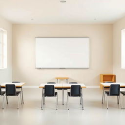 A simple and minimalist classroom featuring a single large whiteboard mounted on the front wall