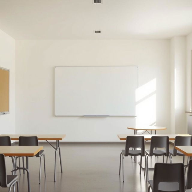 A simple and minimalist classroom featuring a single large whiteboard mounted on the front wall