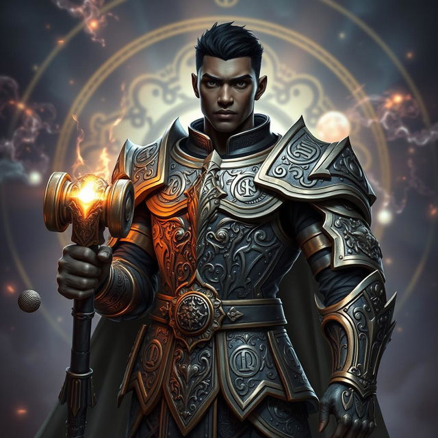 An arcane aasimar with black skin, featuring very short hair and clean-shaven, dressed in ornate armor that combines elements of magic and craftsmanship