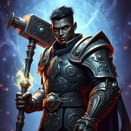 An arcane aasimar with black skin, featuring very short hair and clean-shaven, dressed in ornate armor that combines elements of magic and craftsmanship