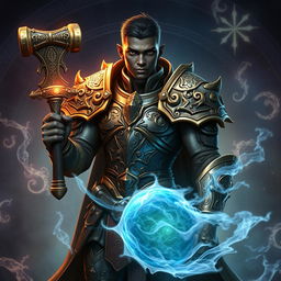 An arcane aasimar with black skin, featuring very short hair and clean-shaven, dressed in ornate armor that combines elements of magic and craftsmanship
