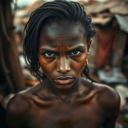 A strong and resilient 25-year-old woman in a poverty-stricken environment, portrayed with a powerful gaze that reflects her strength despite her circumstances
