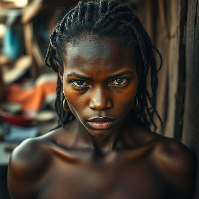 A strong and resilient 25-year-old woman in a poverty-stricken environment, portrayed with a powerful gaze that reflects her strength despite her circumstances