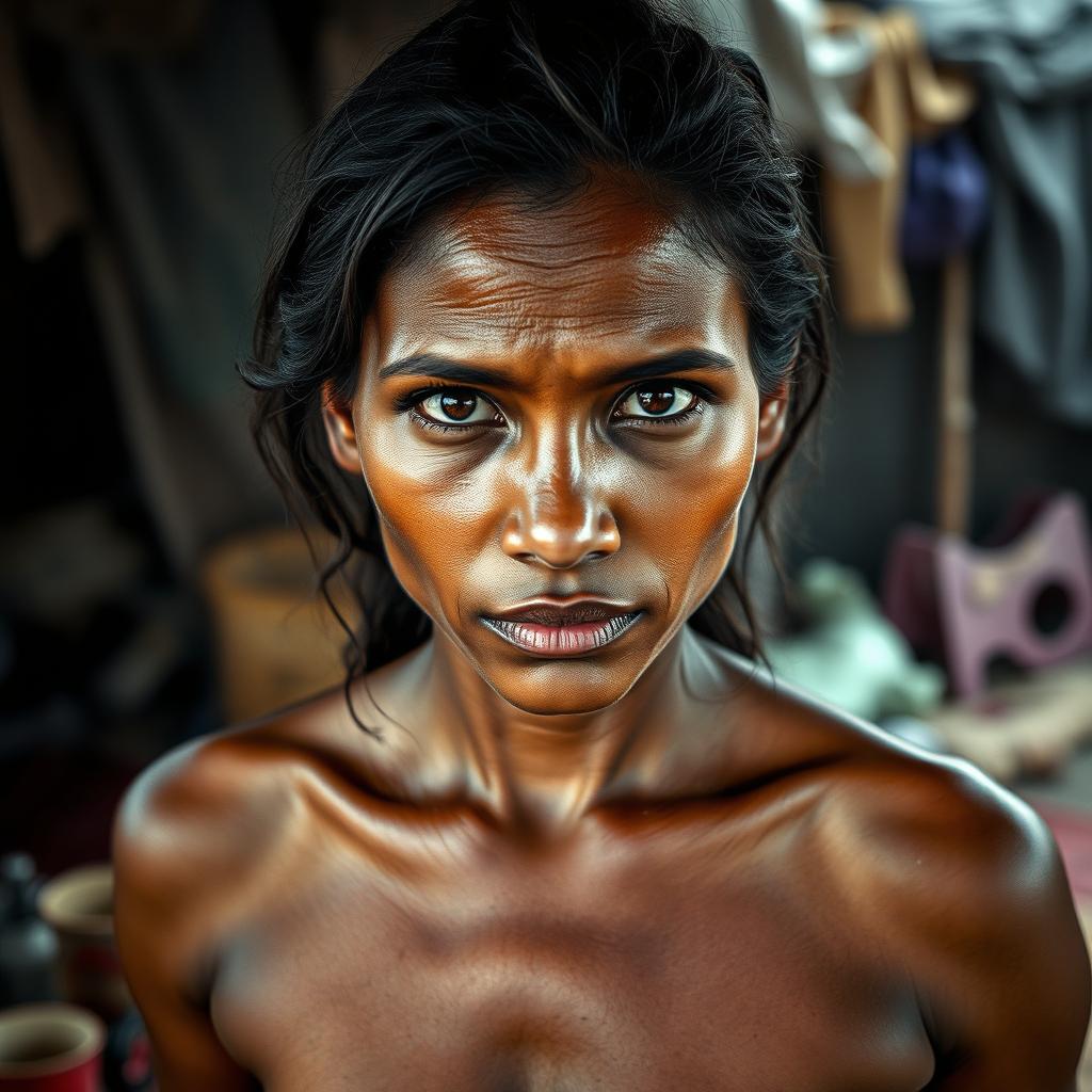 A strong and resilient 25-year-old woman in a poverty-stricken environment, portrayed with a powerful gaze that reflects her strength despite her circumstances