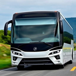 A beautifully designed bus featuring a square-shaped front windshield with rounded corners
