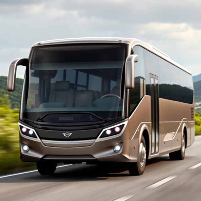 A beautifully designed bus featuring a square-shaped front windshield with rounded corners