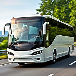 A beautifully designed bus featuring a square-shaped front windshield with rounded corners