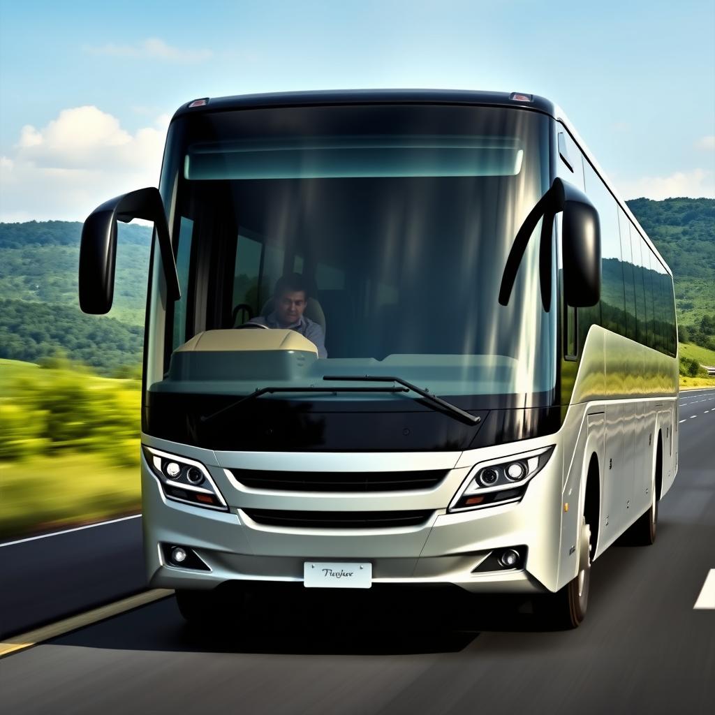 A beautifully designed bus featuring a square-shaped front windshield with rounded corners