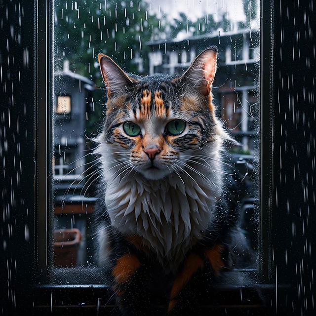 Front head view of a calico cat looking out at a rainy day through a window streaked with raindrops