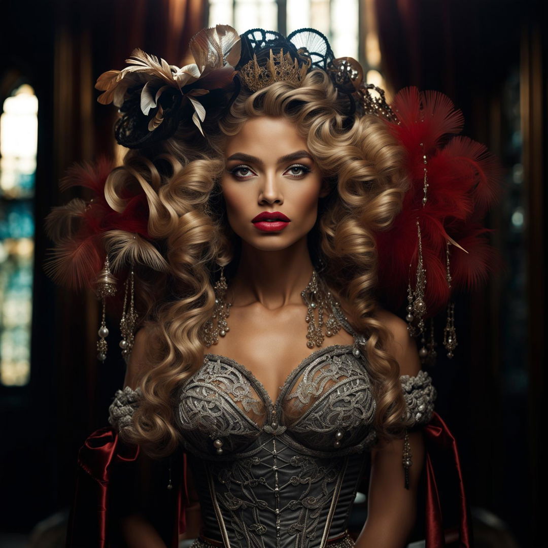 A photograph of a model with symmetrical facial features, thick red lips, a corsetted waist, bigger hair, and longer eyelashes, taken with a Sony α7R IV and Sony FE 70mm lens