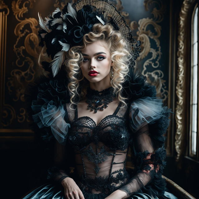 A photograph of a 19-year-old model in Rococo style with Gothic elements, featuring big Rococo hair, thick red lips, a corsetted waist, longer eyelashes, and symmetrical facial features, taken with a Sony α7R IV and Sony FE 70mm lens