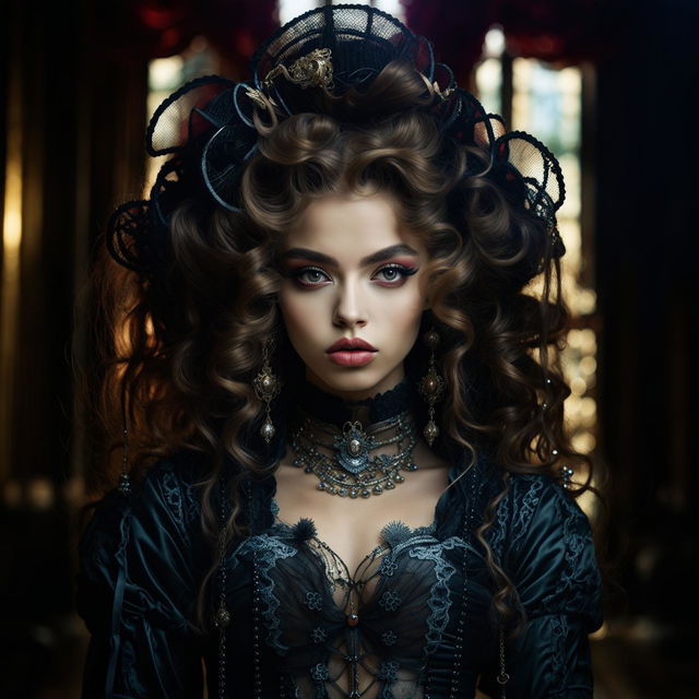 A photograph of a 19-year-old model with sanpaku eyes in Rococo style with Gothic elements, featuring big Rococo hair, thick red lips, a corsetted waist, longer eyelashes, and symmetrical facial features, taken with a Sony α7R IV and Sony FE 70mm lens