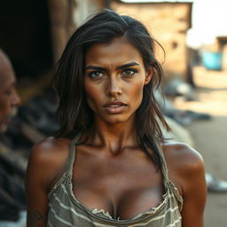 A beautiful 25-year-old woman with notably large breasts and a provocative facial expression, facing directly towards the camera