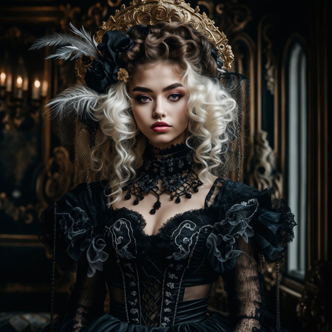 A photograph of a 19-year-old model with sanpaku eyes and circular irises in Rococo style with Gothic elements, featuring big white Rococo hair, thick red lips, a corsetted waist, longer eyelashes, and symmetrical facial features, dressed in a black dress, taken with a Sony α7R IV and Sony FE 70mm lens