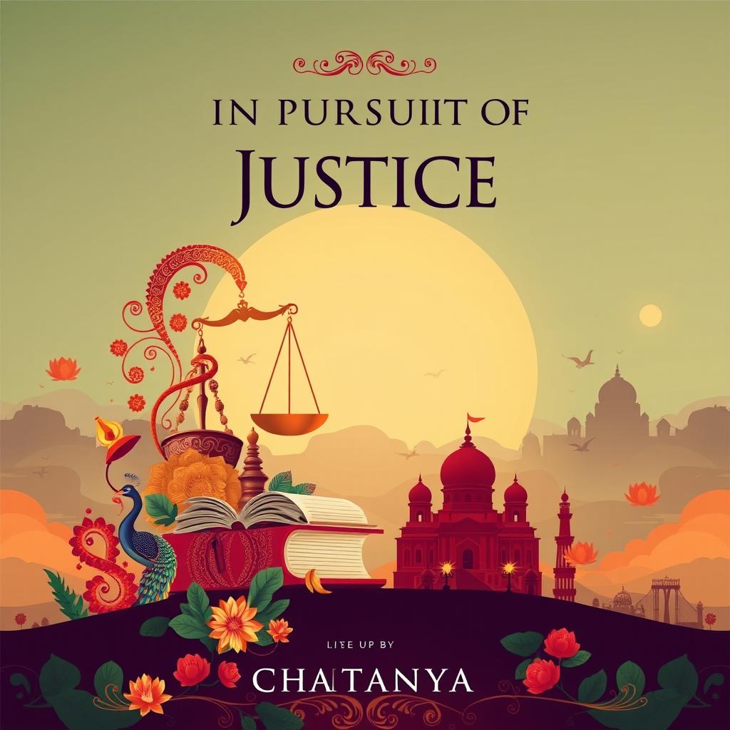 A stunning book cover design for the novel 'In Pursuit of Justice: Tales of Lawyer Ramachandra Shastry' by Chaitanya