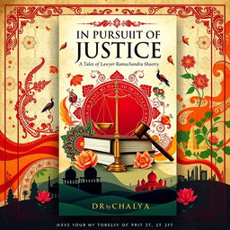 A stunning book cover design for the novel 'In Pursuit of Justice: Tales of Lawyer Ramachandra Shastry' by Chaitanya