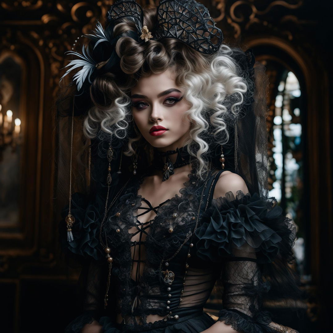 A photograph of a 19-year-old model with sanpaku eyes and circular irises in Rococo style with Gothic elements, featuring all white big Rococo hair, thick red lips, a corsetted waist, long eyelashes, and symmetrical facial features, dressed in a black dress, taken with a Sony α7R IV and Sony FE 70mm lens