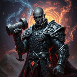 An arcane aasimar with black skin, bald head, and clean-shaven face, adorned in intricately designed armor that showcases both strength and elegance