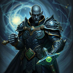 An arcane aasimar with black skin, bald head, and clean-shaven face, adorned in intricately designed armor that showcases both strength and elegance