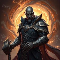 An arcane aasimar with black skin, bald head, and clean-shaven face, adorned in intricately designed armor that showcases both strength and elegance
