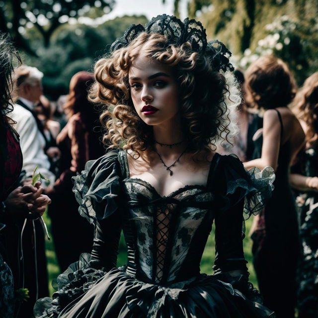 A garden party scene featuring a 19-year-old model in Rococo-style attire with Gothic elements, captured using a Sony α7R IV and Sony 26mm f/2