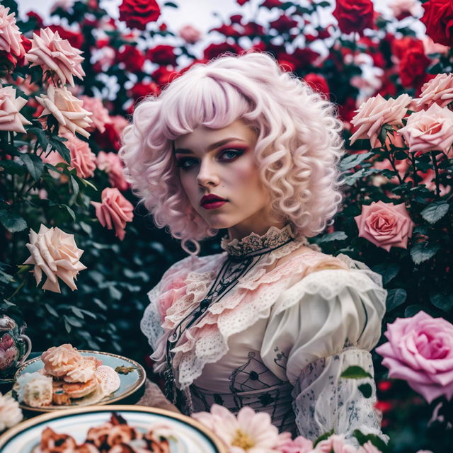 A 19-year-old model at a pastel Rococo-style floral garden tea party, featuring big white curly Rococo hair, Gothic eye makeup, full red rounded upper lip, and very pale skin