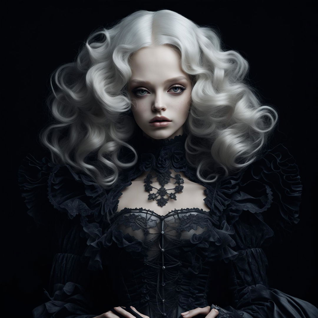 A doll-like face with traditional Rococo-style icy white hair and a black Gothic Rococo dress.