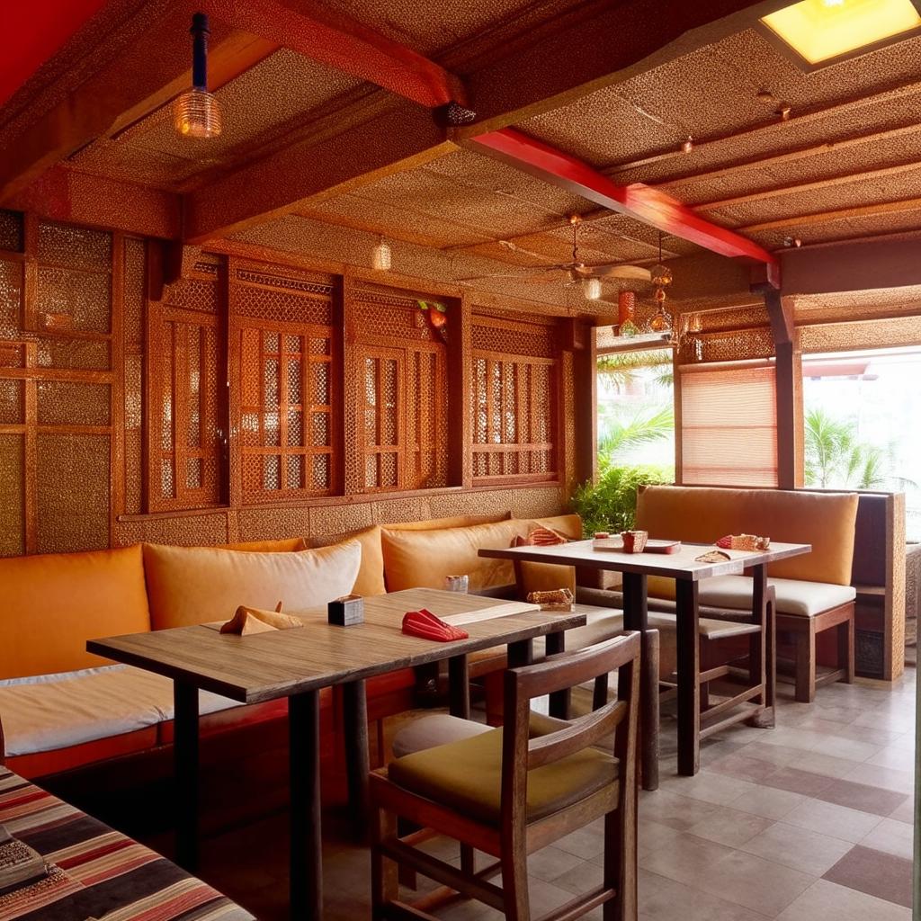 A cosy and modest restaurant with Dhaba-style setup highlighting elements of Malvan architecture.