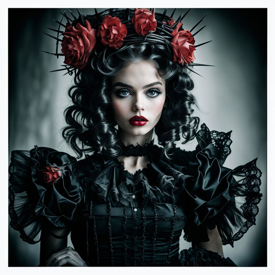 A doll-like face with traditional Rococo-style icy white hair, red lips, a crown of red roses and thorns, and a black Gothic Rococo dress