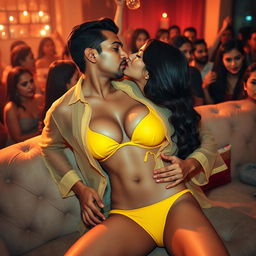 Sensual Radhika Seth in a vibrant yellow bikini bottom, her look enhanced by striking red lipstick