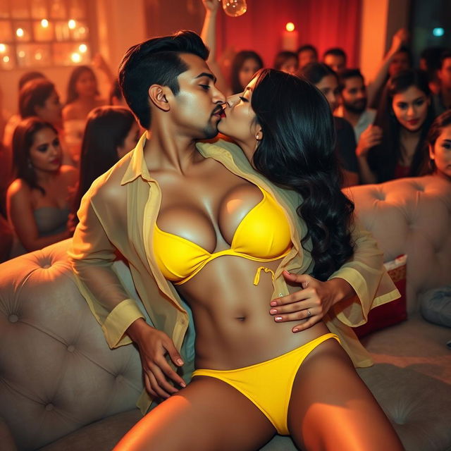 Sensual Radhika Seth in a vibrant yellow bikini bottom, her look enhanced by striking red lipstick