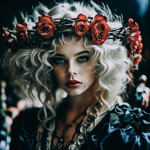 A symmetrical face with detailed blue irises, red lips, thick curly Rococo-style white hair, and a crown of red roses with thorns