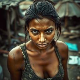 A captivating 25-year-old woman with notably large breasts and a provocative facial expression, facing directly towards the camera