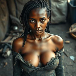 A captivating 25-year-old woman with notably large breasts and a provocative facial expression, facing directly towards the camera
