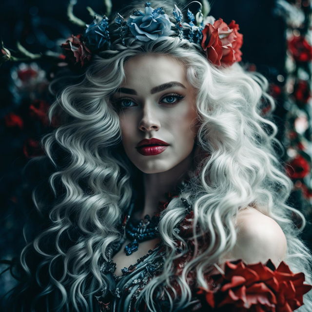 A full-body portrait of a woman with white rococo hair, red lips, blue irises, and a crown of red roses with thorns, captured using Fujifilm GFX 100S with GF 32mm f/4 R LM WR Lens