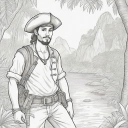 jungle back ground , pirates on a adventure young man ,coloring page line art