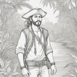 jungle back ground , pirates on a adventure young man ,coloring page line art