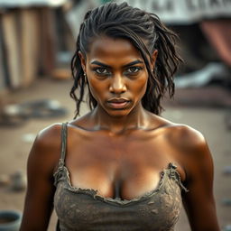 A striking 25-year-old woman with large breasts and a provocative facial expression, facing directly towards the camera