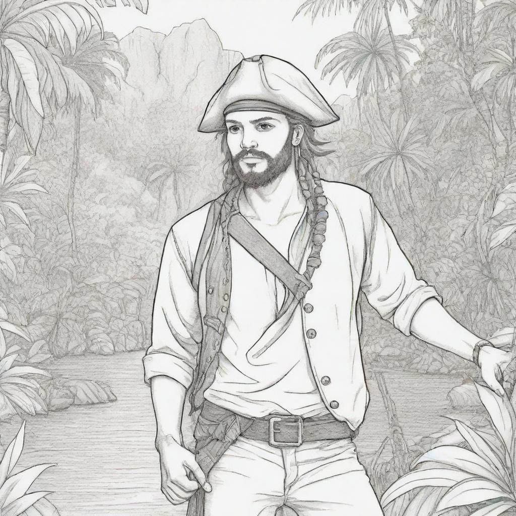 jungle back ground , pirates on a adventure young man ,coloring page line art